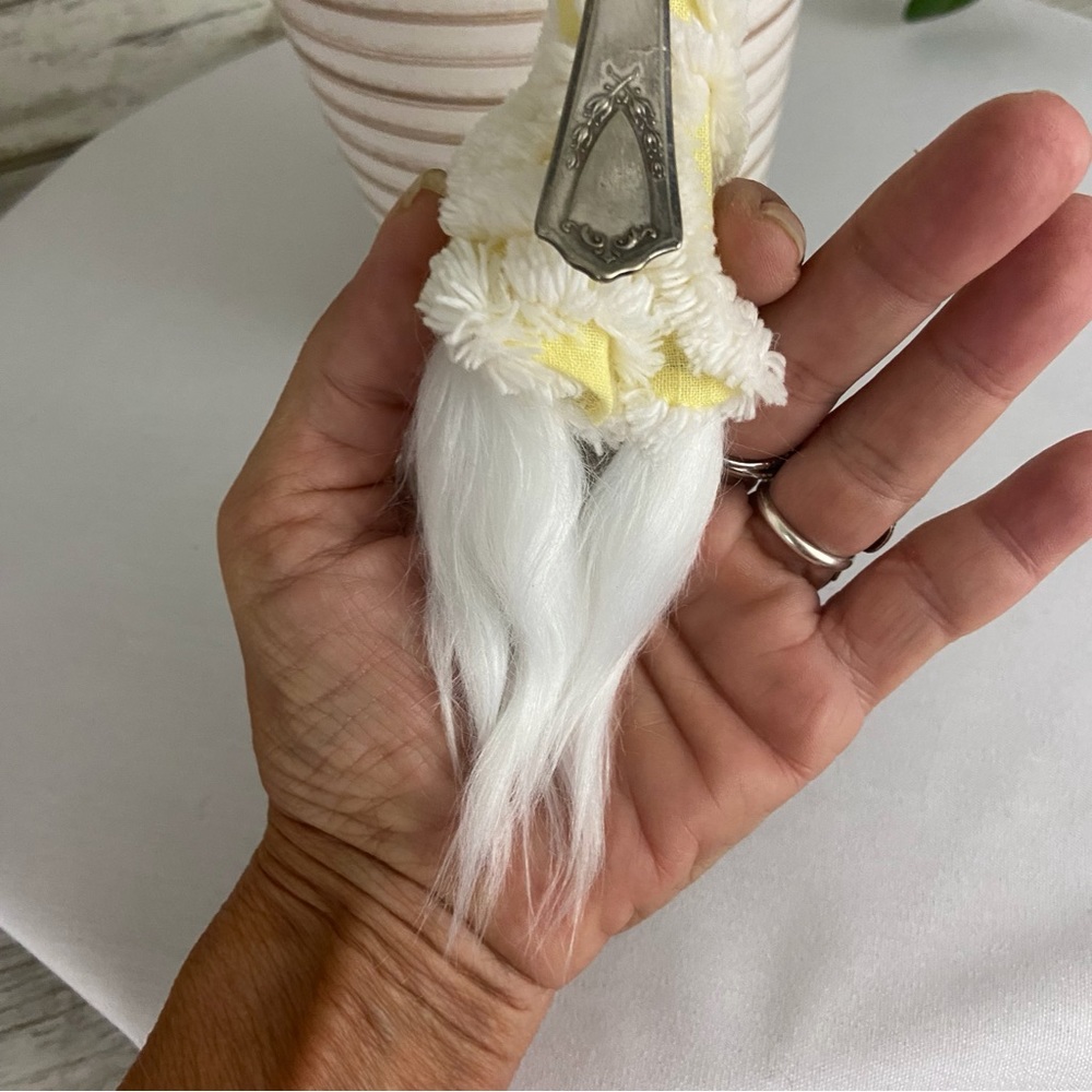 Vintage Yellow White Chenille Silver Plated Bent Spoon Gnome Ornament Faux Fur - Picture 7 of 10